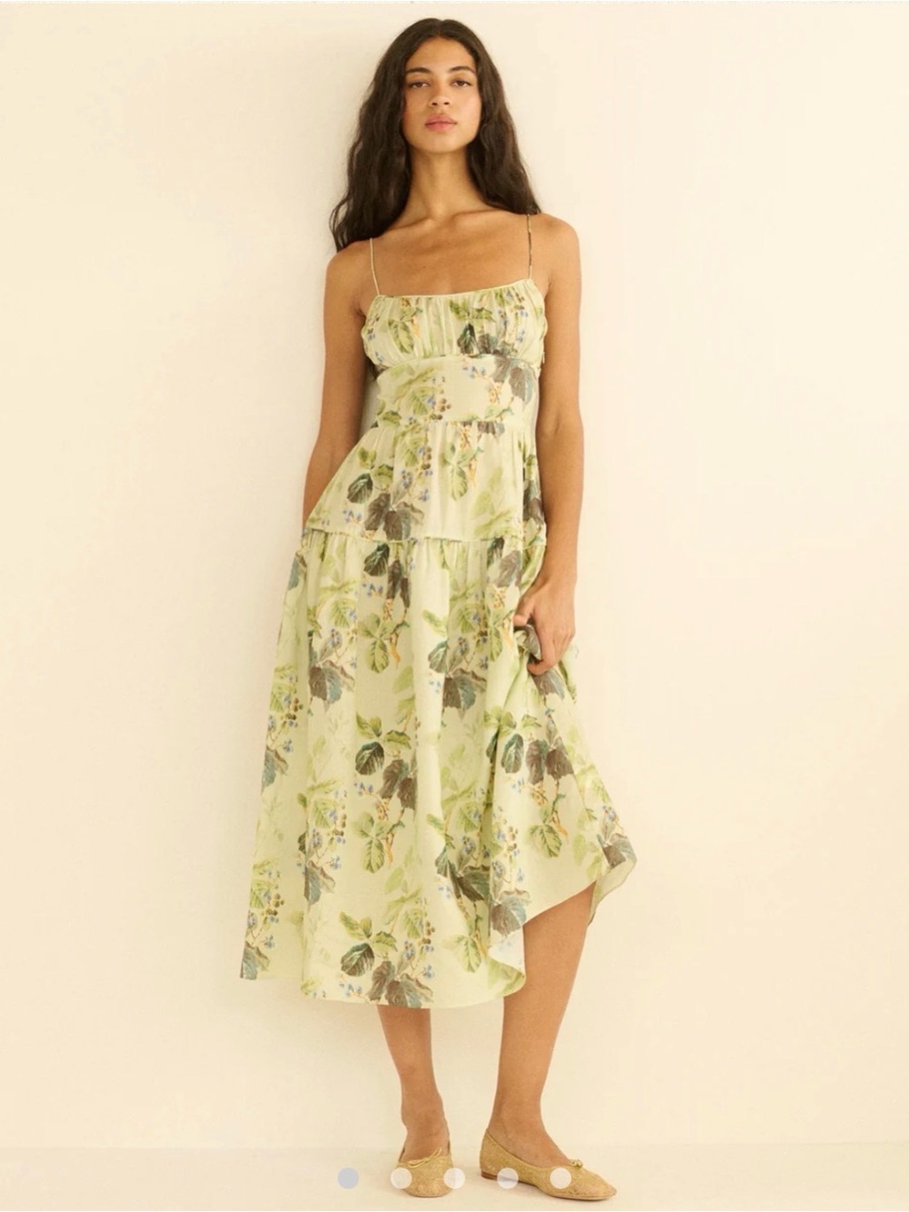 Doen Pale Green Floral Tiered Midi Dress